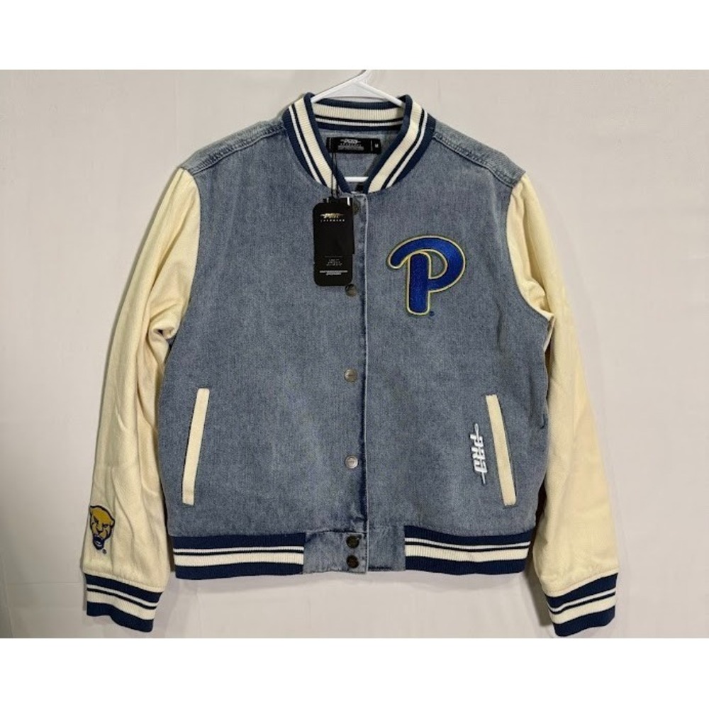 Pitt Panthers Denim Varsity Jacket Womens M Cream NCAA NWT